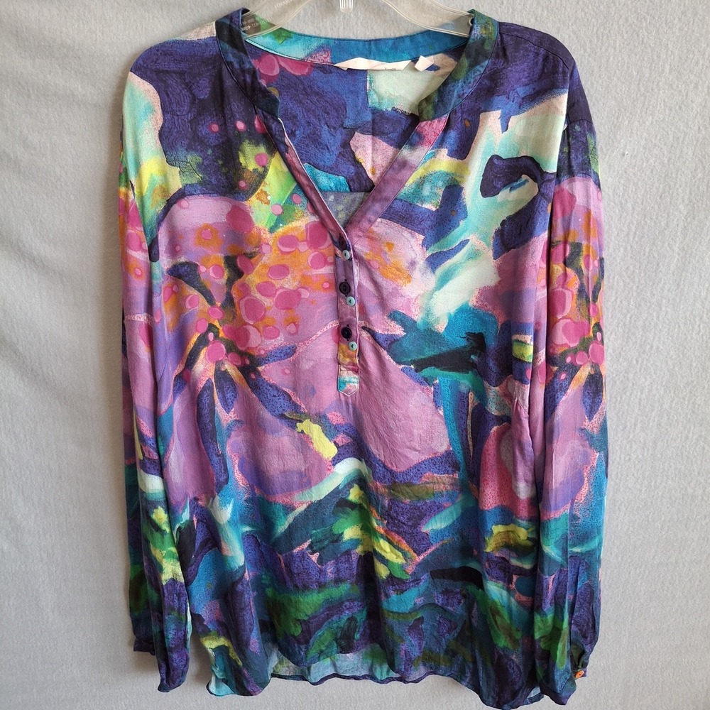 Soft Surroundings Womens Large Henley Blouse Abstract Watercolor Floral LS